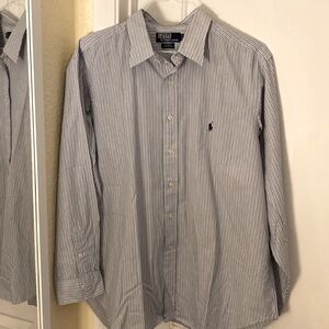 POLO RALPH LAUREN Button Front Long Sleeve Poplin Shirt Blue Stripe 17.5 35 XL